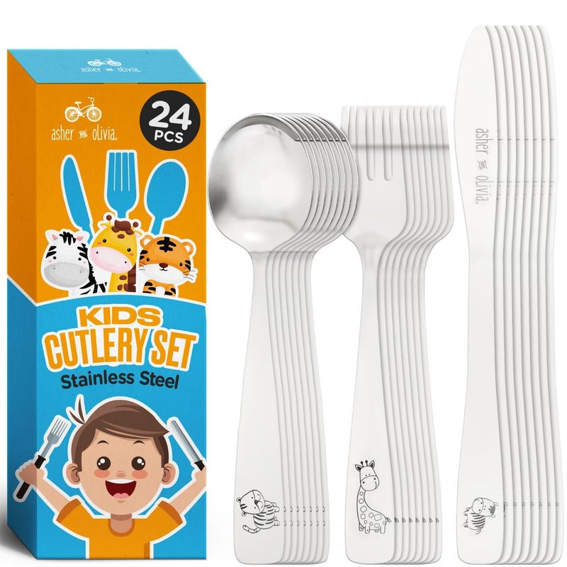 Asher and Olivia Kids and Toddler Utensils Silverware Set â€“ 24-Piece Toddler Silverware Includes 8 Forks 8 Spoons and 8 Kid-Friendly Knives - kids Metal silverware Flatware Cutlery Set for Preschooler Baby Child - Image 1